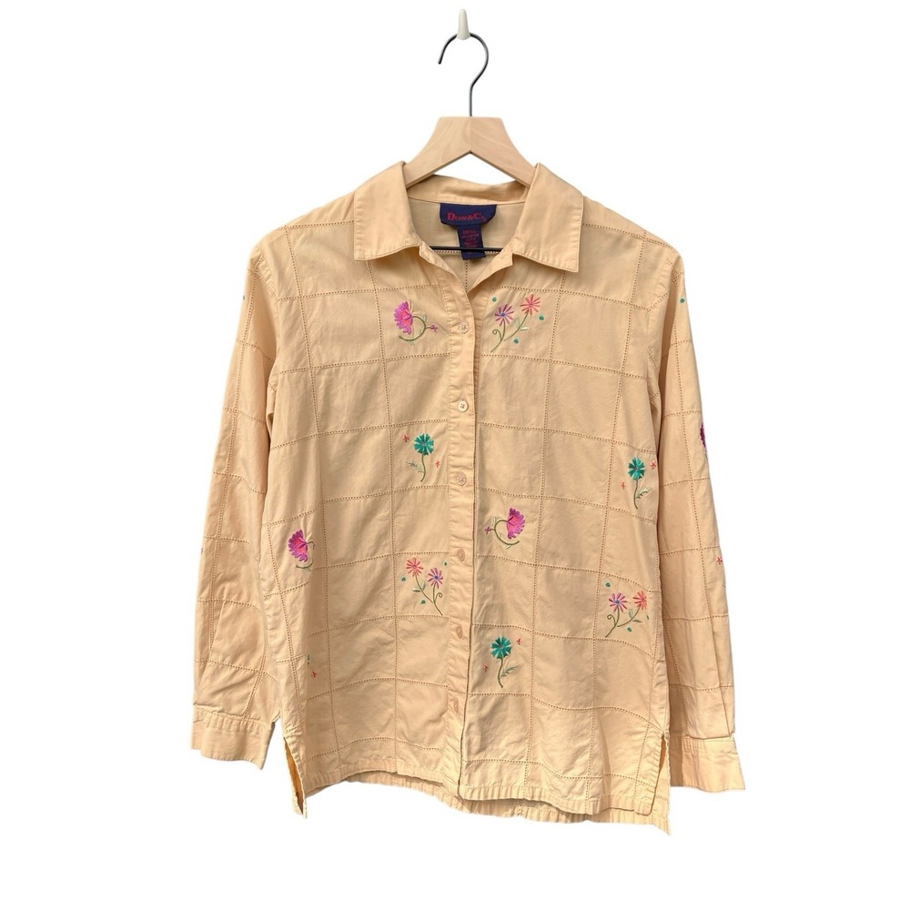 Denim & Co Womens Blouse Cottagecore Embroidered Floral Boho VTG 90s Beige Small